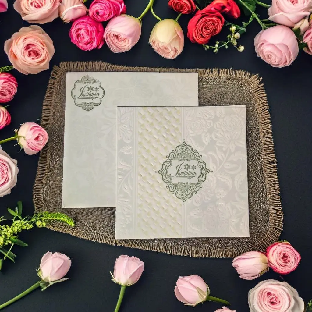 A White Floral Embossed Wedding Card