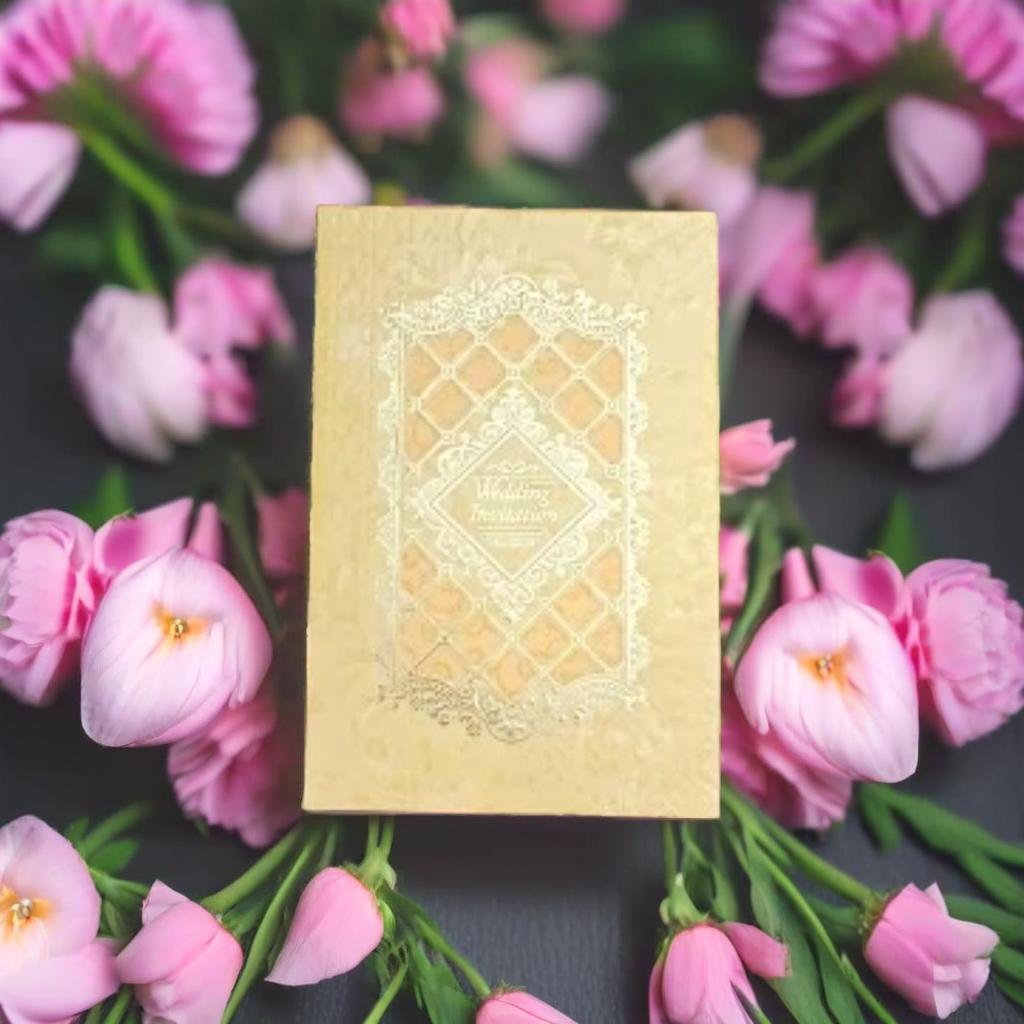 A Beige Wedding Invitation with Intricate Gold Laser Design