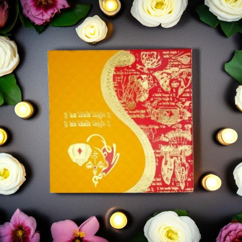 Vibrant Wedding Card with Gold Foil Hindu Motifs