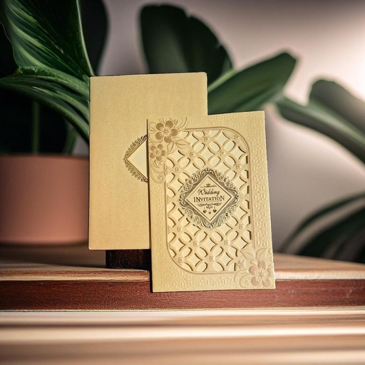 A Gold Foiled Design wedding card With A Diamond Shape.