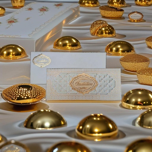 A Gold And White Invitation Card With A Gold Border.