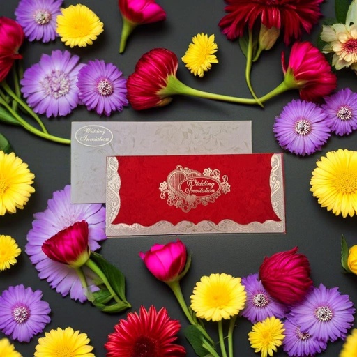 A Beautiful Red Wedding Card With Gold Foiled Design.